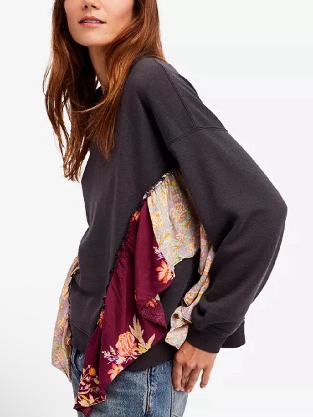 Free People She’s Just Cute Oversized Sweater Gray Scarf Detail Boho Hippie S
